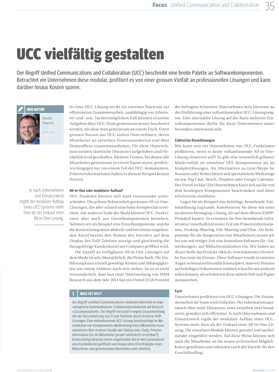 netzwoche.ch Magazin - 03/2016 - Focus UCC - VoIP-One